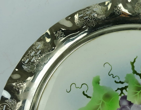 Image 1 of art nouveau art déco CAKE PLATTER cake plate ceramic and metal grape decor