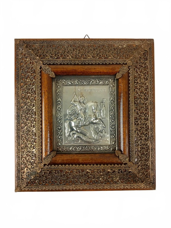 Image 1 of Wunderschöne griechische Ikone des Heiligen Georg (Agios Georgios) in einem reich verzierten Rahmen