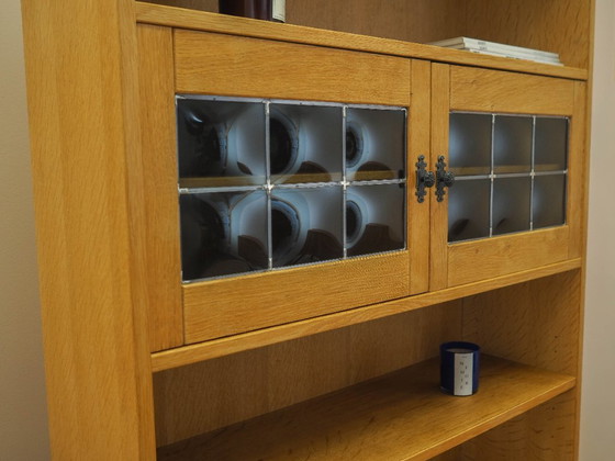 Danish Oak Bookcase by Henning Kjærnulf with Glass Doors and Geometric Panels, 1960s – Wood (photo 12 of 21)