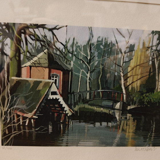 Image 1 of Gesigneerde en genummerde kunstprint – Luc Verbist (12/100) – Vlaams landschap met brug