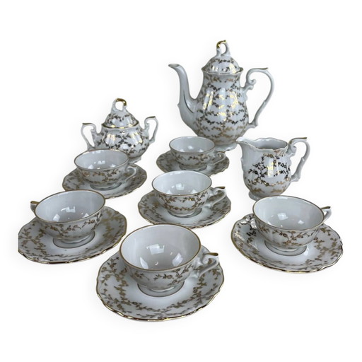 Antikes Kaffeeservice aus feinem vergoldetem Porzellan – für 6 Personen – Vintage