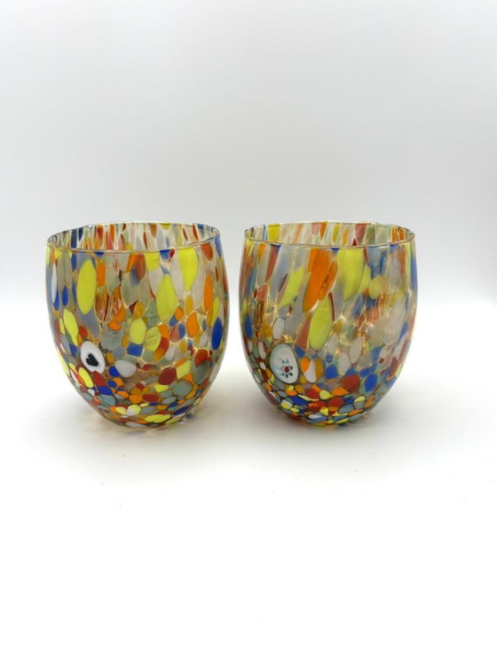 Image 1 of Set di 6 bicchieri in vetro soffiato veneziano con murrine Effetre Murano fuse nel vetro, hand made in italy