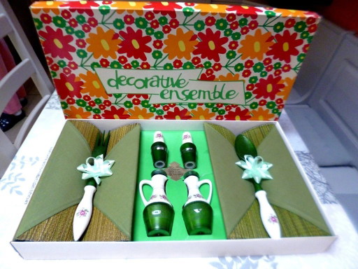 Grande Set Insalata Completo Vintage Anni '70 In Porcellana E Legno