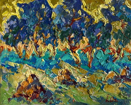 Original-Ölgemälde: Abendliche Waldlandschaft, leichte Abendbrise