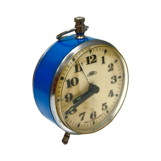 Image 1 of Blauer mechanischer Wecker mit PRIM-Griff, Tschechoslowakei, 1960er Jahre.