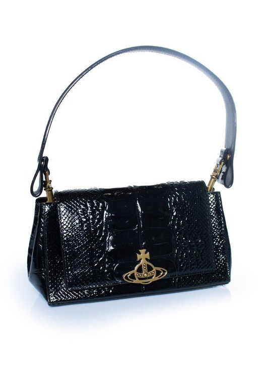 Borsa Vivienne Westwood in pelle nera con stampa coccodrillo color nocciola