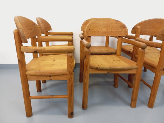 Image 1 of Set van 6 vintage Scandinavische Rainer Daumiller fauteuils van grenenhout uit de jaren 70.