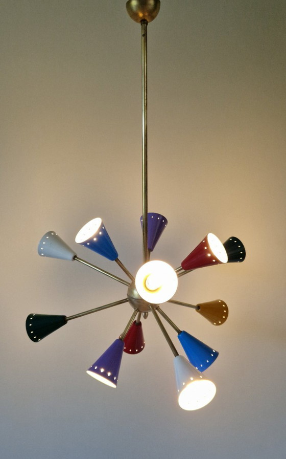 Image 1 of Vintage Stilnovo Sputnik chandelier, Italian mid-century style, brass