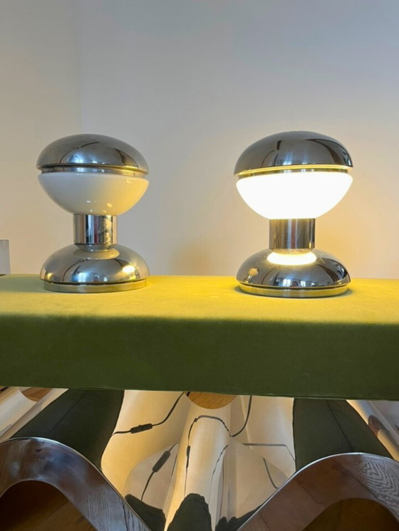 Image 1 of Paar Diabolo-Tischlampen von Goffredo Reggiani – Italienisches Chrom & Opalglas, 1970er Jahre