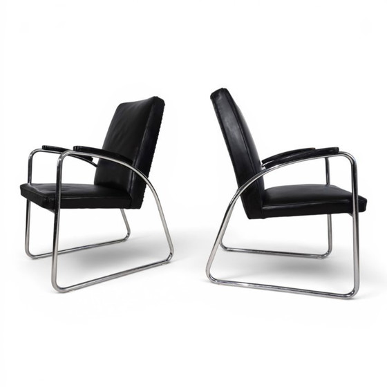 Image 1 of Set van 2 Bauhaus Streamline leren fauteuils met buisvormig stalen frame, 1930