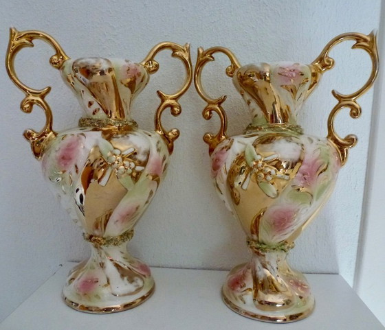 Image 1 of Pair of Vintage Capodimonte Vases – Italy – 33cm – Very Good Condition!