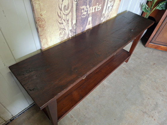 Teakhouten sidetable, haltafel, wandconsole afm. 170x40cm en 78cm hoog. – Wood (photo 4 of 6)