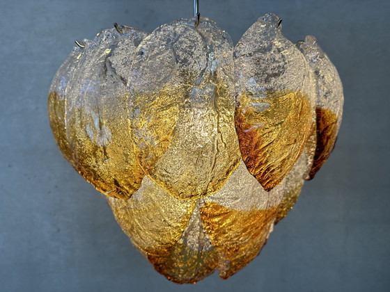 Image 1 of Vintage Murano 'Gefrorene Blätter' Kronleuchter - Zweifarbig