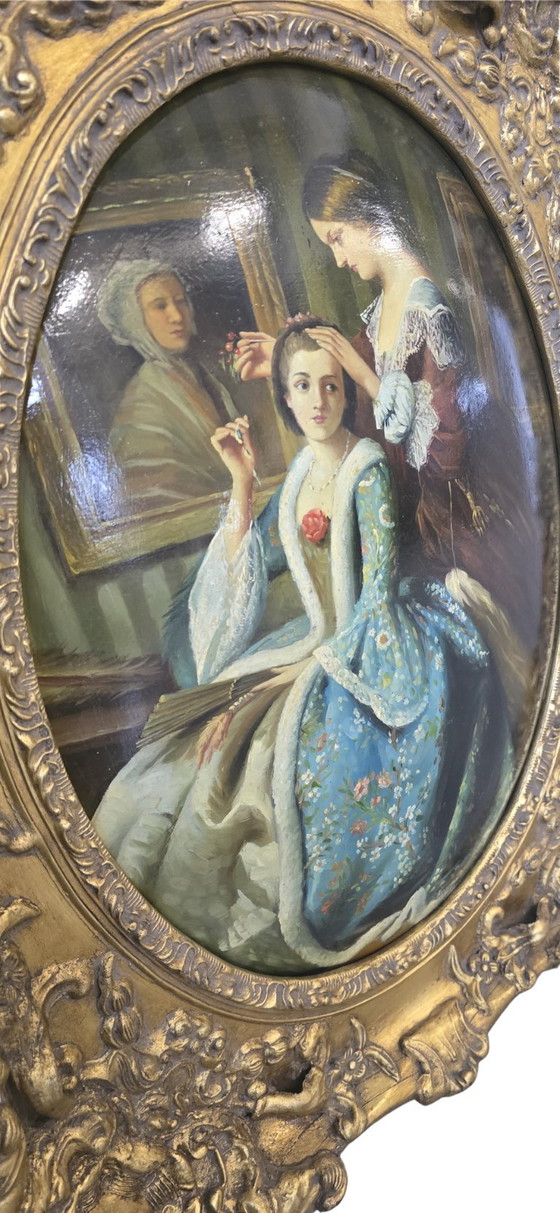 Image 1 of Pair of Oils on Canvas of the 18th Century Romantic Scenes Signed