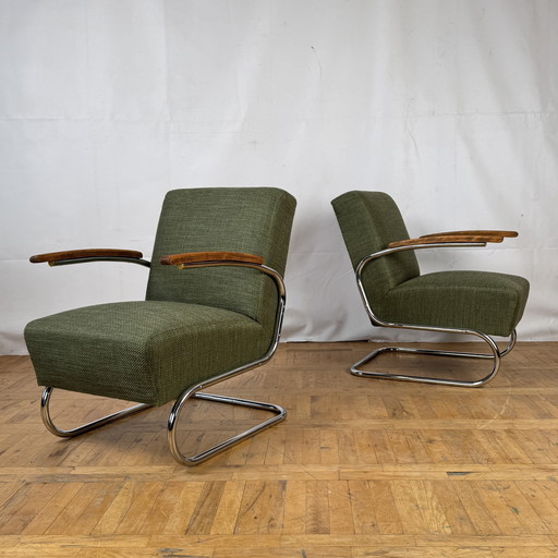 2x S411 Tubular Steel Armchairs by Willem Hendrik Gispen for Thonet 1930s