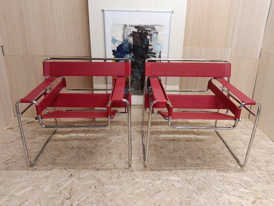 Image 1 of KNOLL Studio Set van 2 WASSILY B3 fauteuils (NIEUW) in rood leer