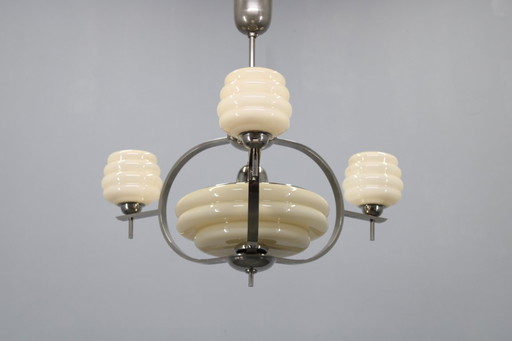 Lampadario Art Déco in nichel e vetro color crema degli anni '30