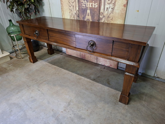 Image 1 of Large, robust teak castle side table, console table, and console, 194x58cm and 78cm high.