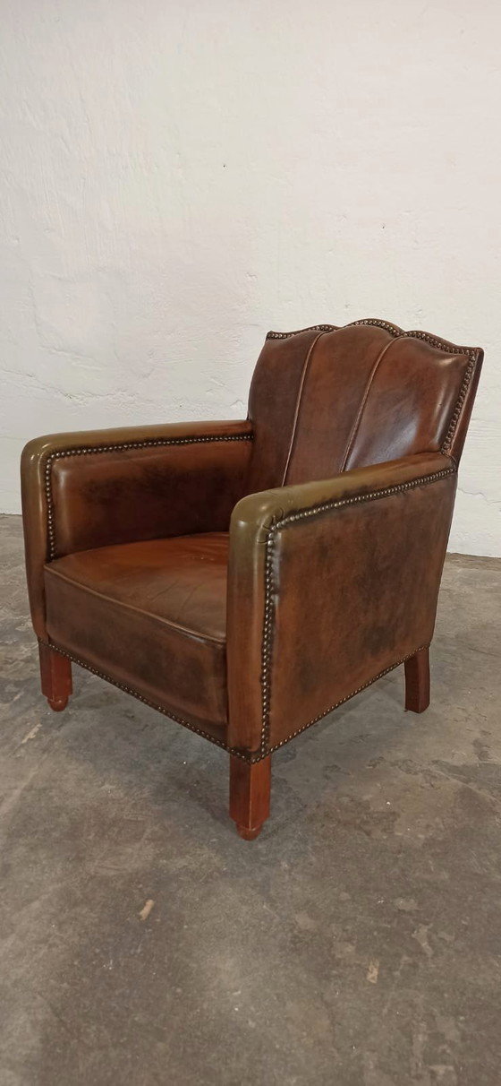 Image 1 of Fauteuil vintage Art Déco en cuir cognac