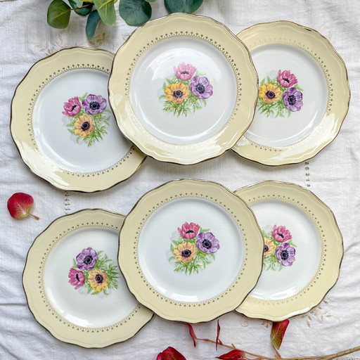 Vintage Porseleinen Dinerborden met Wit, Geel & Gouden Bloemenpatroon, L'Amandinoise "Coopélia" - Vintage Bloemen Servies