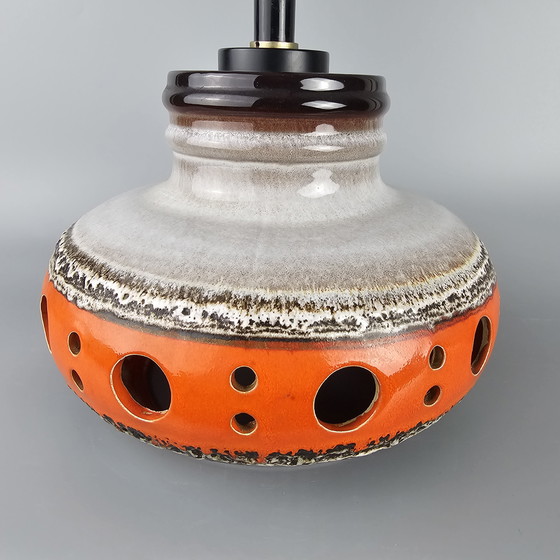 Image 1 of Lampe pendante vintage XL orange/blanc en céramique, par Herda. Lampe pendante OVNI des années 1970. Fat Lava Lamp.