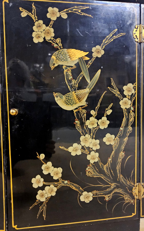 Image 1 of Vintage Chinese Sideboard / Lacquer Cabinet (Black / Birds) Bohemian / Oriental Chest of Drawers
