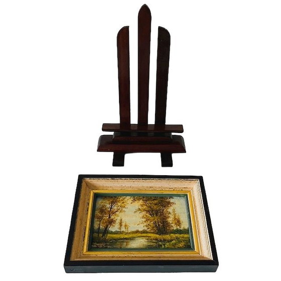 Image 1 of Vintage forest landscape oil painting on stand signed 1960s