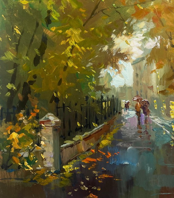 Image 1 of Peinture à l'huile originale, paysage urbain d'automne. Promenade dans un parc urbain en automne.