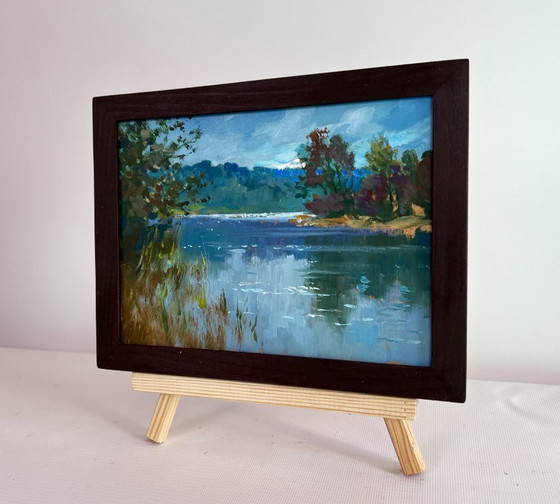 Image 1 of Original Oil Painting Summer River Landscape By the evening in nature