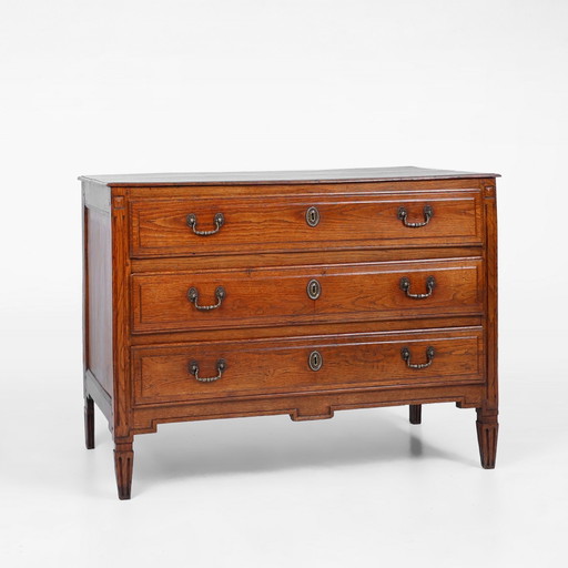 Cómoda rústica francesa de roble macizo con tres cajones, ca. 1850