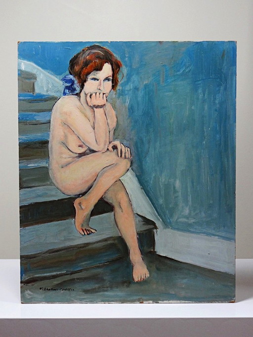 Tableau portrait nu assise dans l'escalier, moderne huile sur panneau vintage