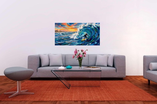 Panoramisch impressionistisch schilderij op acrylcanvas / Surfer (120x60 cm)
