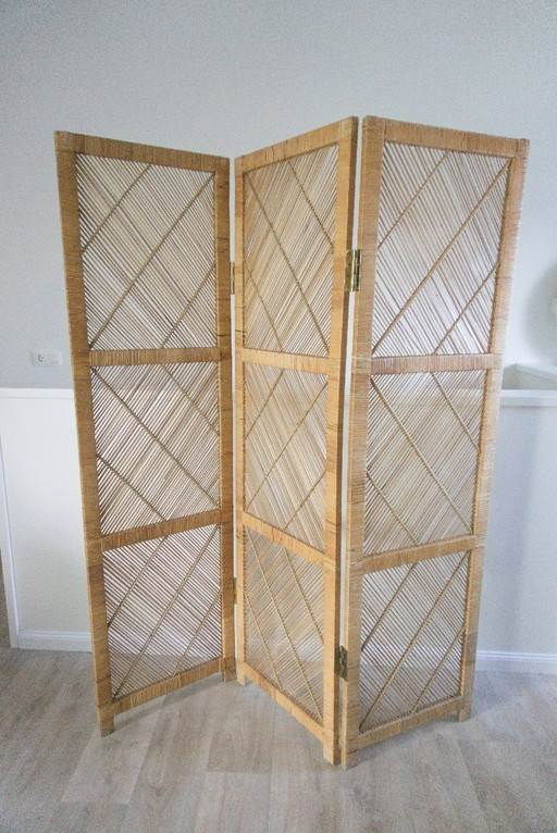 Biombo/paravientos plegable de 3 paneles estilo bohemio vintage de los años 60/70, de ratán natural "Rotan".