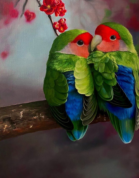 Original Oil Painting Symbolism Portrait of a Parrot Lovebirds on a Branch – Paintings & Drawings, Canvas (photo 4 of 6)