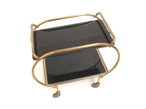 Brass and black glass bar cart / serving trolley / side table by Grünstadt
