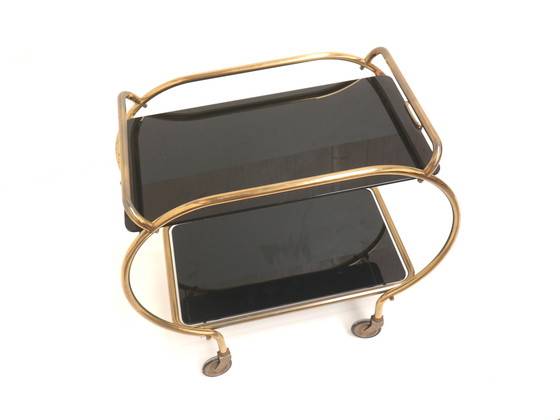 Image 1 of Carrello bar in ottone e vetro nero / carrello di servizio / tavolino di Grünstadt