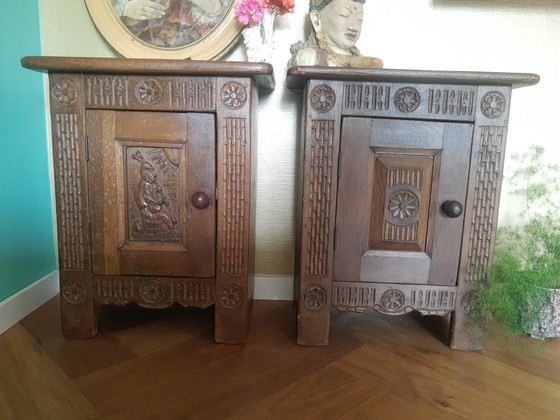 Unieke Set Handgemaakte Antieke Arts&Crafts Art-Nouveau Eikenhouten Kastjes Halkastjes Nachtkastjes, (photo 3 of 15)