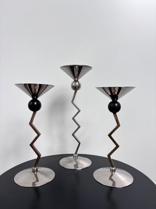 Set of three Zig-Zag vintage candle holders | Italy | 80s Memphis Milano inspired, postmodern Italian Design, Metal