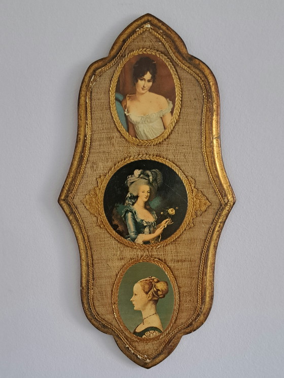 Image 1 of Vintage Italian Florentine Wall Plaque – Gilt Wood – Three Classical Portraits – Hollywood Regency