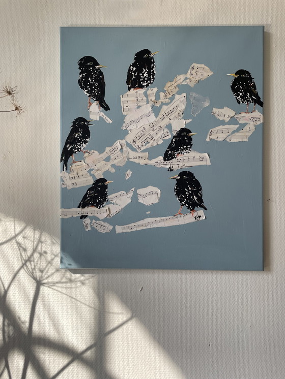 Image 1 of Schilderij van Spreeuwen
