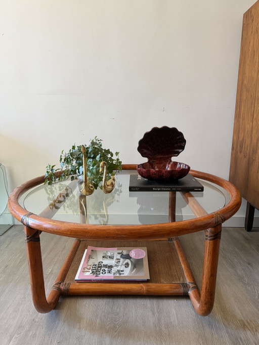 Mesa de centro redonda de ratán Rohé de mediados de siglo – salontafels, Glass, Rattan