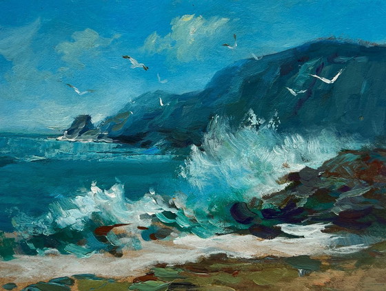 Image 1 of Origineel olieverfschilderij: Zee- en rotslandschap, zeegolven die tegen de rotsen slaan.