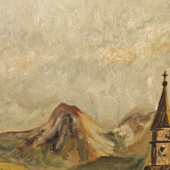 Image 1 of Vintage Oil Painting on Wooden Board | Found in the Attic | Signed by E. Geishofer | Old Church by the Lake | Oak Wood Frame 