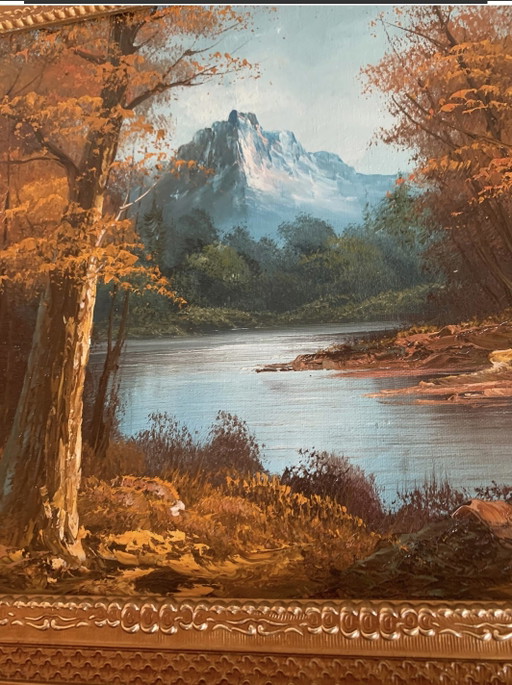 George Whitman (1944) – Óleo sobre Lienzo Firmado – Paisaje de Montaña y Río – (Años 70) Arte Americano Siglo XX