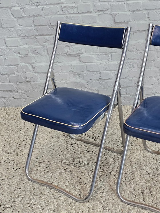 Image 1 of Mid-Century Design First Edition Patented Deep Blue Dico Folding Chairs, Set of 2, Netherlands, 1940s