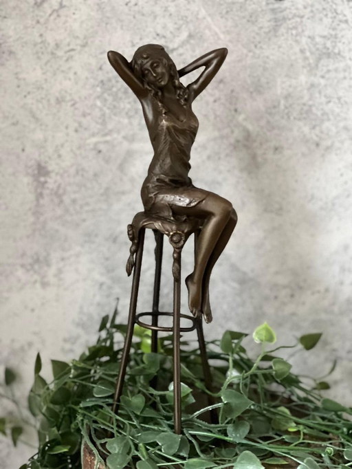 Bronze Statue Elegant Lady Sitting on Bar Stool