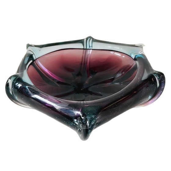 Image 1 of Mid-century Sommerso organisch glazen schaaltje Josef Hospodka Chřibská Sklo blauw paars 1950's