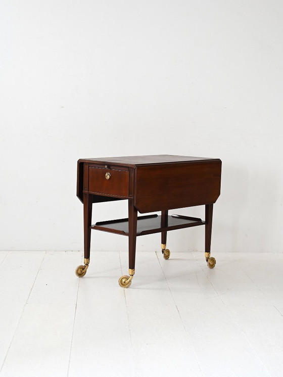 Image 1 of Carrello vintage scandinavo in mogano degli anni '40 con dettagli in ottone