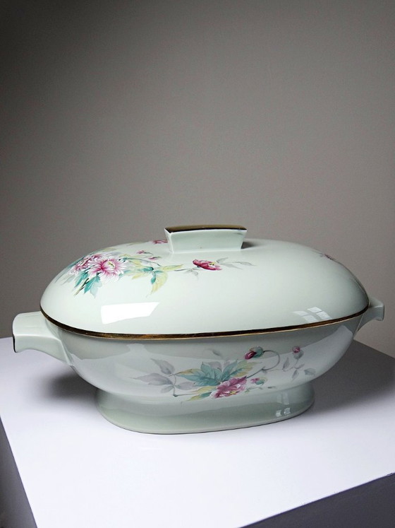 Image 1 of Zuppiera vintage in porcellana celadon di Limoges, Francia, in stile Art Déco con decorazioni floreali.