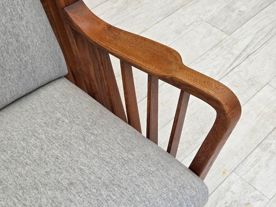 Image 1 of 1950s, Scandinavian 2-seater sofa, reupholstered, furniture wool, oak.